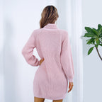 Winter Rollkragenpullover Langes Pulloverkleid mit Knopf Design Freizeit Clinch Langarm Basis Pullover Frauen