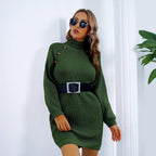 Winter Rollkragenpullover Langes Pulloverkleid mit Knopf Design Freizeit Clinch Langarm Basis Pullover Frauen
