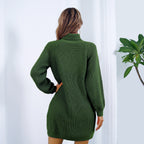 Winter Rollkragenpullover Langes Pulloverkleid mit Knopf Design Freizeit Clinch Langarm Basis Pullover Frauen