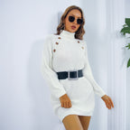 Winter Rollkragenpullover Langes Pulloverkleid mit Knopf Design Freizeit Clinch Langarm Basis Pullover Frauen