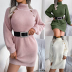Winter Rollkragenpullover Langes Pulloverkleid mit Knopf Design Freizeit Clinch Langarm Basis Pullover Frauen