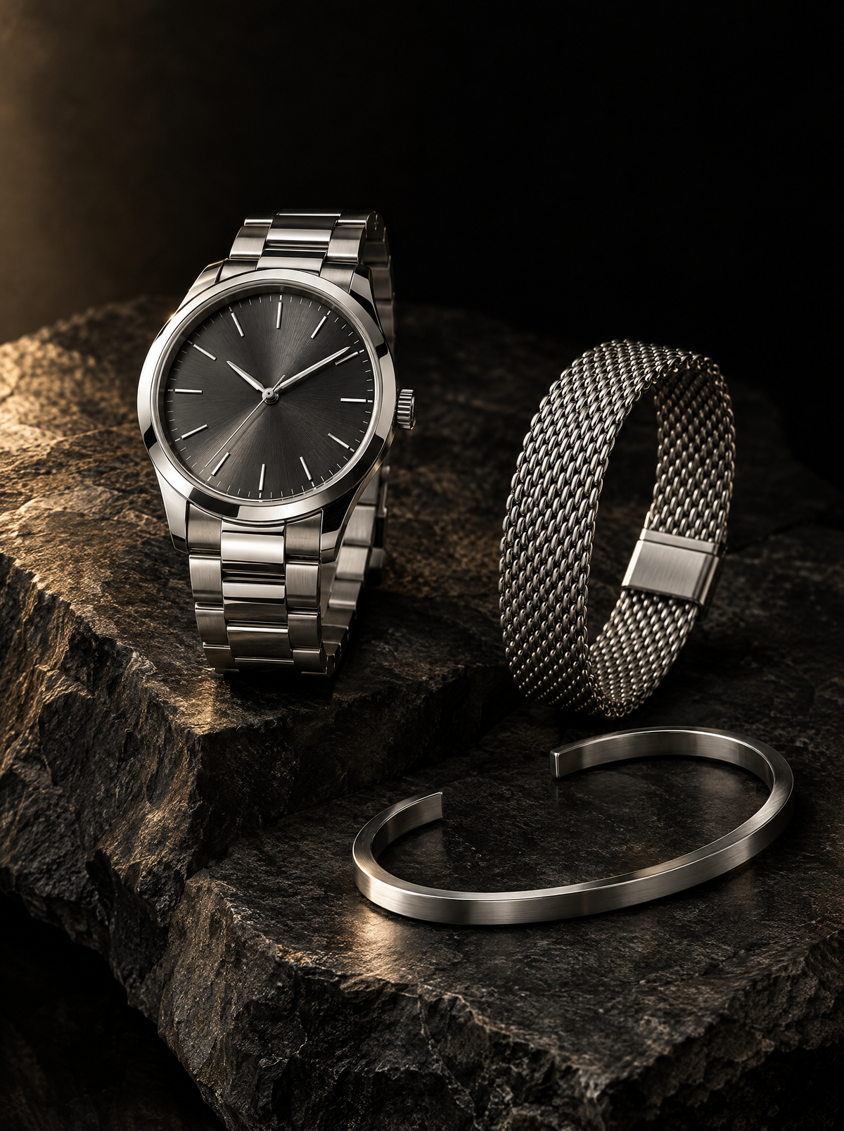 Peakful stainless steel watch, mesh bracelet, and cuff